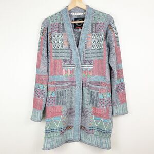 Johnny Was Biya Kane Embroidered Knit Cardigan Coatigan Aztec Blue Small S NWT